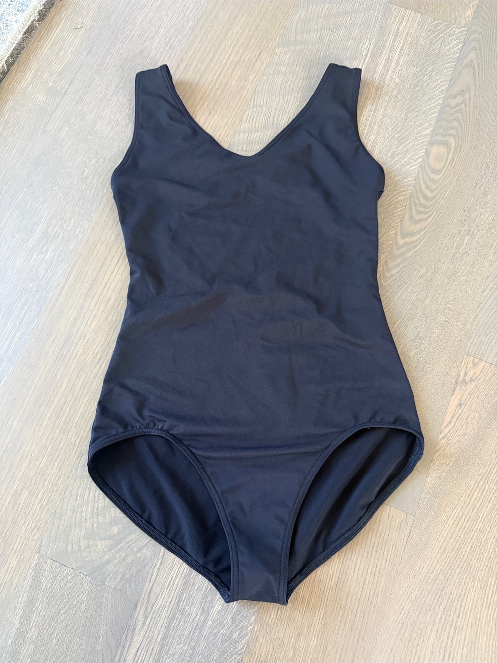 Capezio v neck black leotard with striped back mesh straps